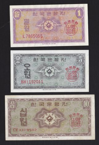 Nd 1953 South Korea 1,  5 And 10 Won Vf/au.