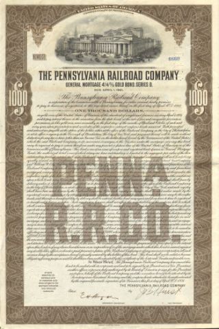 1934 Pennsylvania Railroad $1,  000 Bond Certificate Stock Share