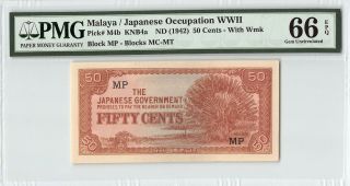 Malaya / Japenese Occupation Wwii Nd (1942) P - M4b Pmg Gem Unc 66 Epq 50 Cents