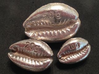 Silver 3 Piece Rare Set/s.  Africa Mint/tribute To The Cowrie Shell/50,  20&10 Gram