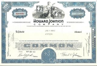 Stock Certificate Howard Johnson Comp.  State Of Maryland Blue