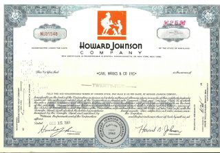 Stock Certificate Howard Johnson Comp.  State Of Maryland To Carl Marks