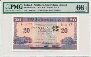 Ulster Bank Limited Ireland - Northern 20 Pounds 2014 S/no 55x77x7 Pmg 66epq