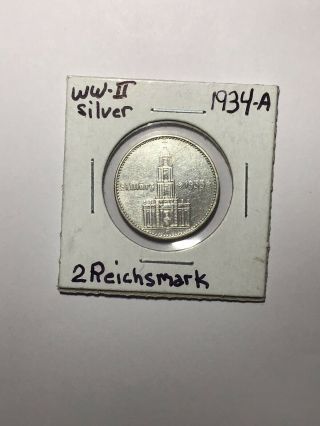 Rare 1934 - A German 2 Reichsmark Silver Posterdam Church Coin Nazi