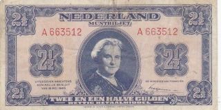 1945 Netherlands 2 1/2 Gulden Note,  Pick 71