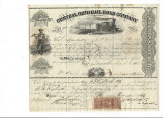 1866 Central Ohio Rail Road Co.  Stock Certificate Zanesville Ohio