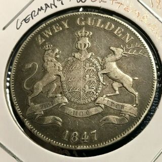 1847 Germany Wurttemburg Silver 2 Gulden Crown Scarce Coin