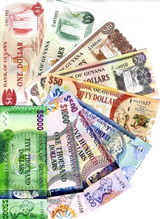 Complete Set Guyana 1;5;10;20;50;100;500;1000;5000 Dollars Nd (1966 - 2016) Unc