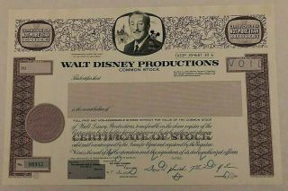 Walt Disney Productions Common Stock,  Cancelled Stock Certificate