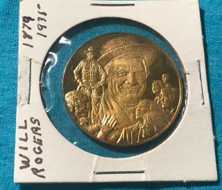 1879 - 1935 Will Rogers Medal 24k Gold Plated On Sterling Silver