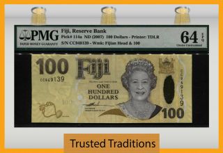 Tt Pk 114a Nd (2007) Fiji Reserve Bank $100 " Queen Elizabeth Ii " Pmg 64 Epq