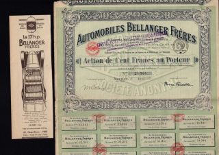 Automobiles Bellanger Freres Neuilly France 1919 Merged By Peugeot / Psa,  Ad