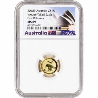 2018 P Australia Gold Wedge - Tailed Eagle 1/10 Oz $15 - Ngc Ms69 First Releases