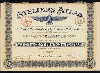 Ateliers Atlas Automobile Aviation Industry France 1917