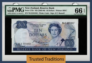 Tt Pk 172b 1985 - 89 Zealand 10 Dollars " Queen Elizabeth Ii " Pmg 66 Epq Gem