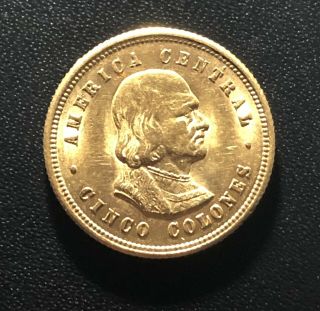 Costa Rica 1900 5 Colones Gold Coin: Columbus Bust 100k Agw 0.  1126oz
