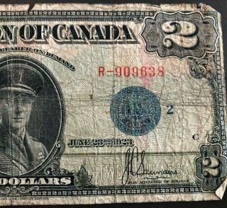 1923 Dominion of Canada $2 Dollar Bank Note Blue Seal R - 909638 3