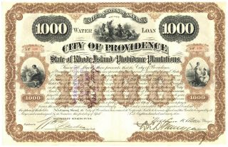 Providence,  City Of.  Water Loan Bond Certificate.  Rhode Island