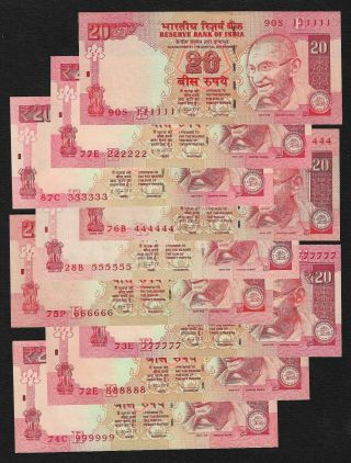 India Republic,  20 Rupees,  9x Notes,  Solid Set 111111 - 888888 - 999999,  Unc Grade.