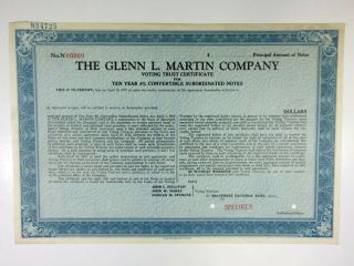 Glenn L.  Martin Co. ,  1950s Specimen 4 Convertible Bond,  Xf Abnc