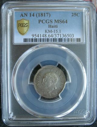 1817 An14 Haiti Silver 25 Centimes Pcgs Ms - 64 Km 15.  2