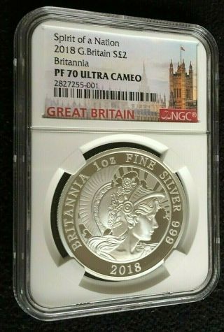 2018 Great Britain £2 Proof 1 Ounce Silver Britannia Ngc Pf70 Uc |,  Ogp