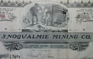 1907 Stock Certificate: Snoqualmie Mining Company " - Seattle,  Wa - 100 Shares