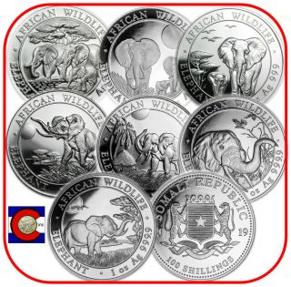 2013 2014 2015 2016 2017 2018 2019 Parade Of Somalia Elephants 7 Silver Coins