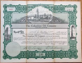 Oil 1921 Stock Certificate: Columbine Oil Company Of Wyoming Wy