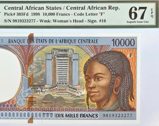 C.  A.  S/central African Rep.  - 10000 Fr - 1998 - P.  305fd Pmg 67 Gem Finest Known