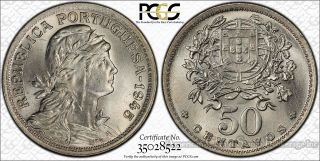 Portugal 50 Centavos 1945 Ms65 Pcgs Copper - Nickel Km 577 Finest & Only