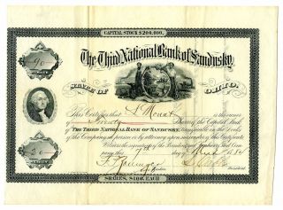 Oh.  Third National Bank Of Sandusky,  1884 20 Shrs I/u Stock Certificate,  90,  Xf
