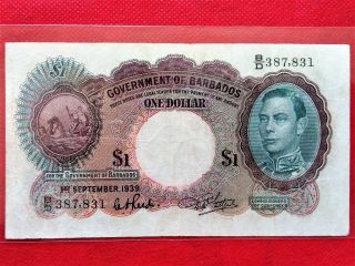 1939 British Colony Barbados $1 One Dollar King George Kgvi