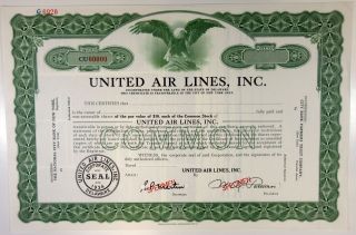 United Air Lines 1952 Specimen Stock Certificate Odd Shrs Xf Abn Green