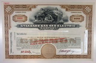 Standard Gas & Electric Co. ,  1940s 100 Shrs Specimen Stock Certificate,  Xf Abnc