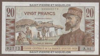1950/60 Saint - Pierre - Et - Miquelon 20 Franc Note Unc