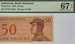 Indonesia - 50 Sen - 1964 - Pick 94a Pmg 67 Epq Gem Unc Scarce Grade
