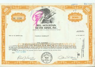 Bell Mountain Silver Mines Stock Certificate 100 Shares Issued 1972