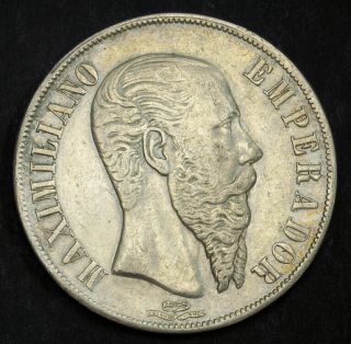 1866,  Mexico (empire),  Maximilian I Of Austria.  Large Silver Peso Coin.  Xf/au