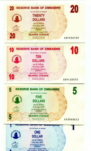 Zimbabwe 1 5 10 20 Dollars 2006 P - 37 - 40 Unc Set Of 4