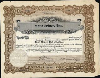Edna Mines,  Inc. ,  Of Colorado,  1925,  Uncancelled Stock Certificate