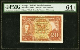 1941 (nd 1945) Malaya Board Of Commissioners 20 Cents Pick 9a,  Pmg Choice Unc