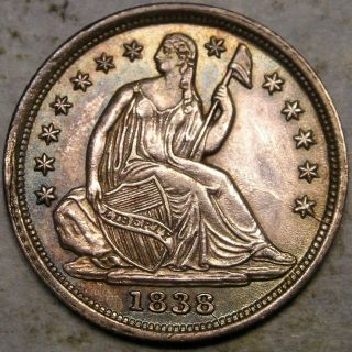 1838 Liberty Seated Silver Half Dime Very Appealn Colorful Tone Rim Cud Diebreak