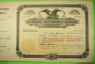 One Stock Certificate On The National Automobile League,  Logansport,  Ind.  19_