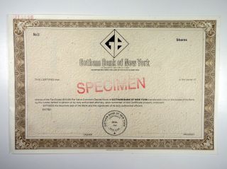 Gotham Bank Of York,  2005 Capital Stock Specimen Certificate,  Xf Abnc
