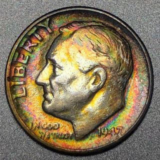 1947 - D Roosevelt Dime 10c - Circulated - Rainbow Toning