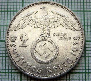 Germany Third Reich 1938 F 2 Reichsmark Hindenburg Swastika Silver