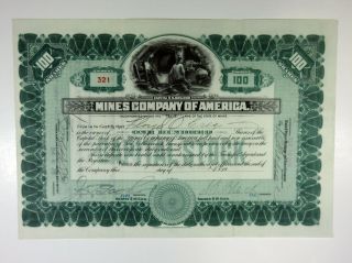 Me.  Mines Co.  Of America,  1910 100 Shrs Capital Stock I/u Certificate,  Xf