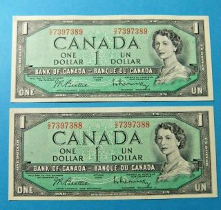 2 Consecutive 1954 Bank Of Canada 1 Dollar Notes - Au.