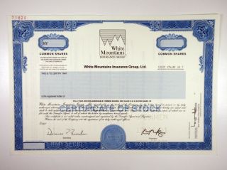 Bermuda.  White Mountains Insurance Group,  Ltd. ,  2001 Speciment Stock Cert.  Xf